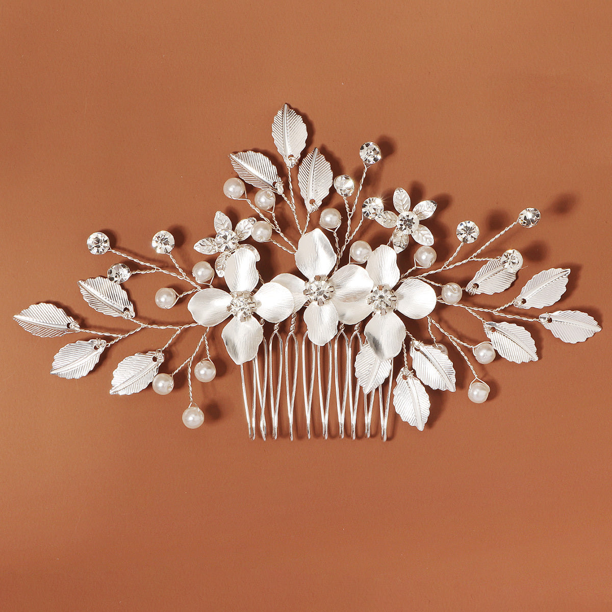 Bride Wedding Flower Hair Comb Silvery Faux Pearl Headpiece