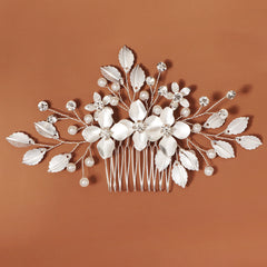 Bride Wedding Flower Hair Comb Silvery Faux Pearl Headpiece