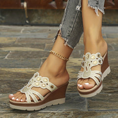 Rhinestone Wedge Sandals Cutout Platform Comfortable Summer Shoes