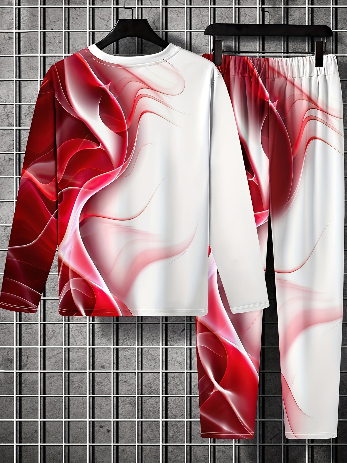 Red Block Mens 2 Piece Outfits Long Sleeve T-shirt Casual Loose Sweatp