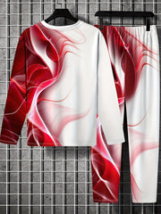 Red Block Mens 2 Piece Outfits Long Sleeve T-shirt Casual Loose Sweatp