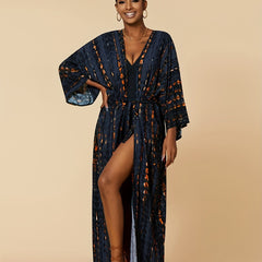 Casual Cover Up Women's Plus Print Long Sleeve V Neck Cover Up