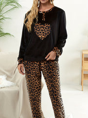 Heart Leopard Pajama Set Long Sleeve Crew Neck Top & Elastic Waistband Pants