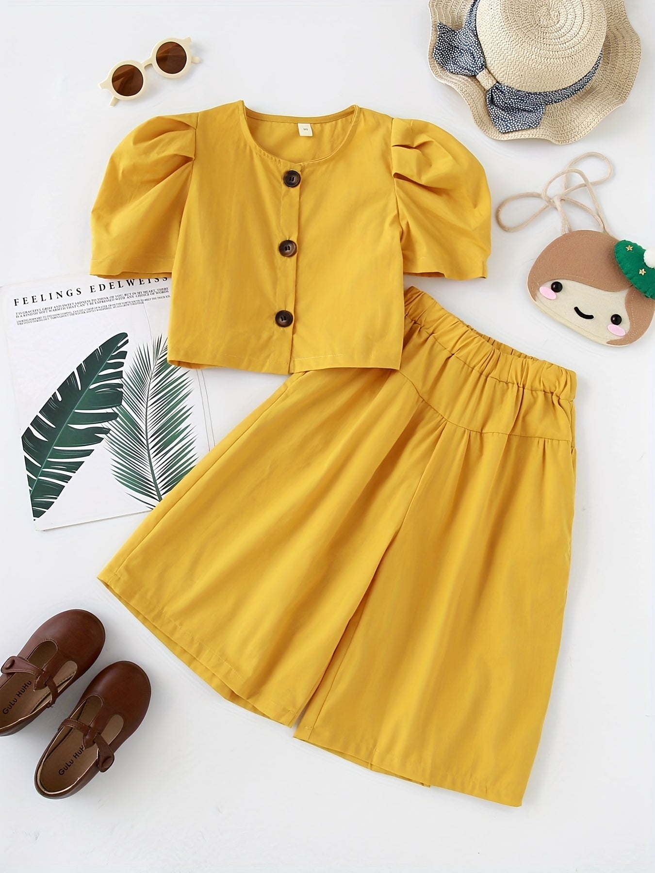 2pcs Toddler Girls Puff Sleeve Button Cotton Blouse Top & Wide Leg Pants Set