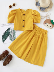 2pcs Toddler Girls Puff Sleeve Button Cotton Blouse Top & Wide Leg Pants Set