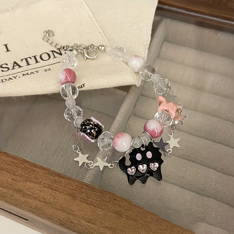 Ghost Cat Pink Beaded Bracelet Star Decor Double Layered Bracelet Y2K Jewelry