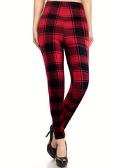 Plaid Pattern High Waist Skinny Leggings Casual Stretchy Leggings