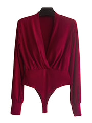 Plunging Surplice Neck Solid Bodysuit Long Sleeve Women's Clothing