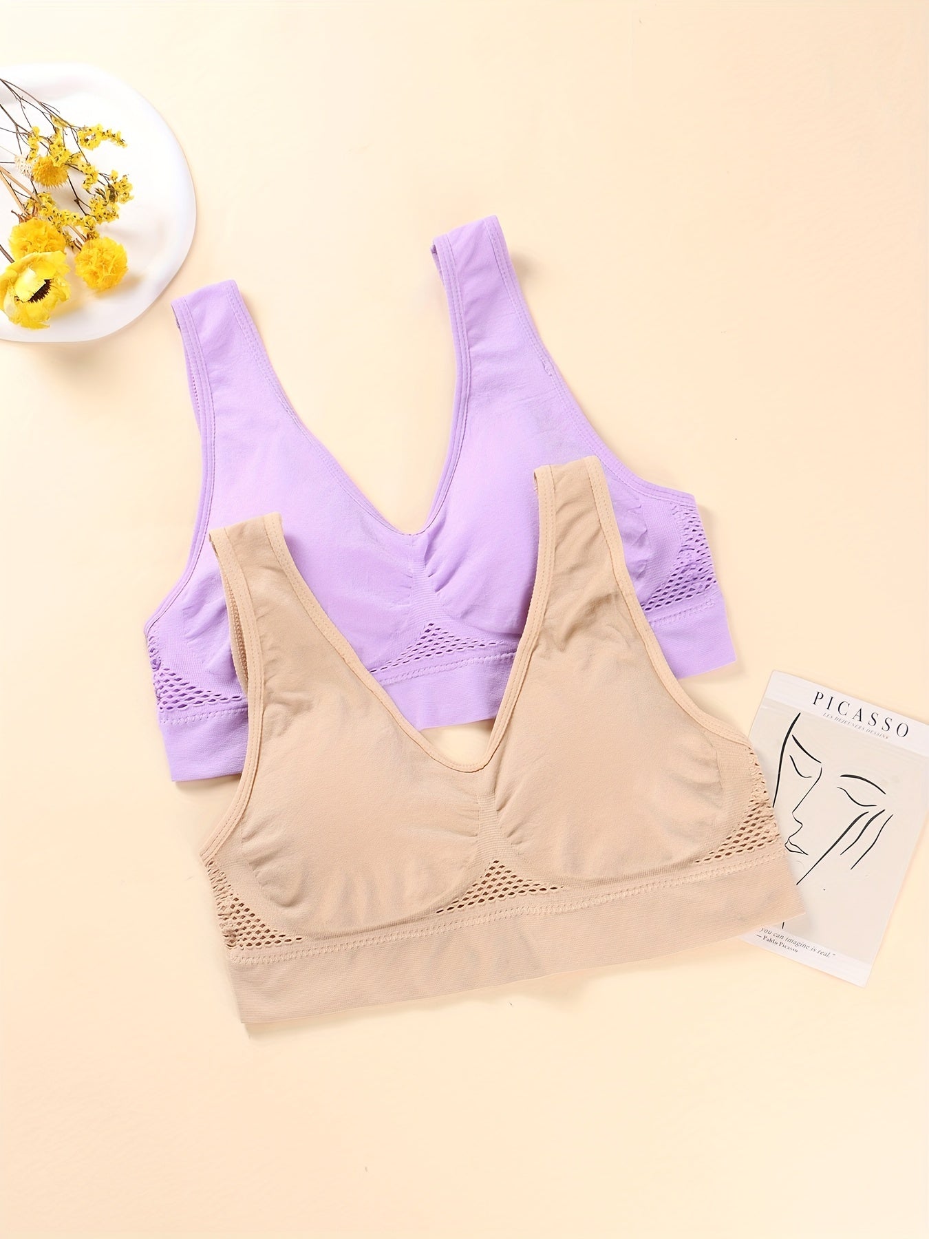 2 Pack Plus Size Sports Bra Women's Plus Solid Contrast Mesh Breathable Tank Bra
