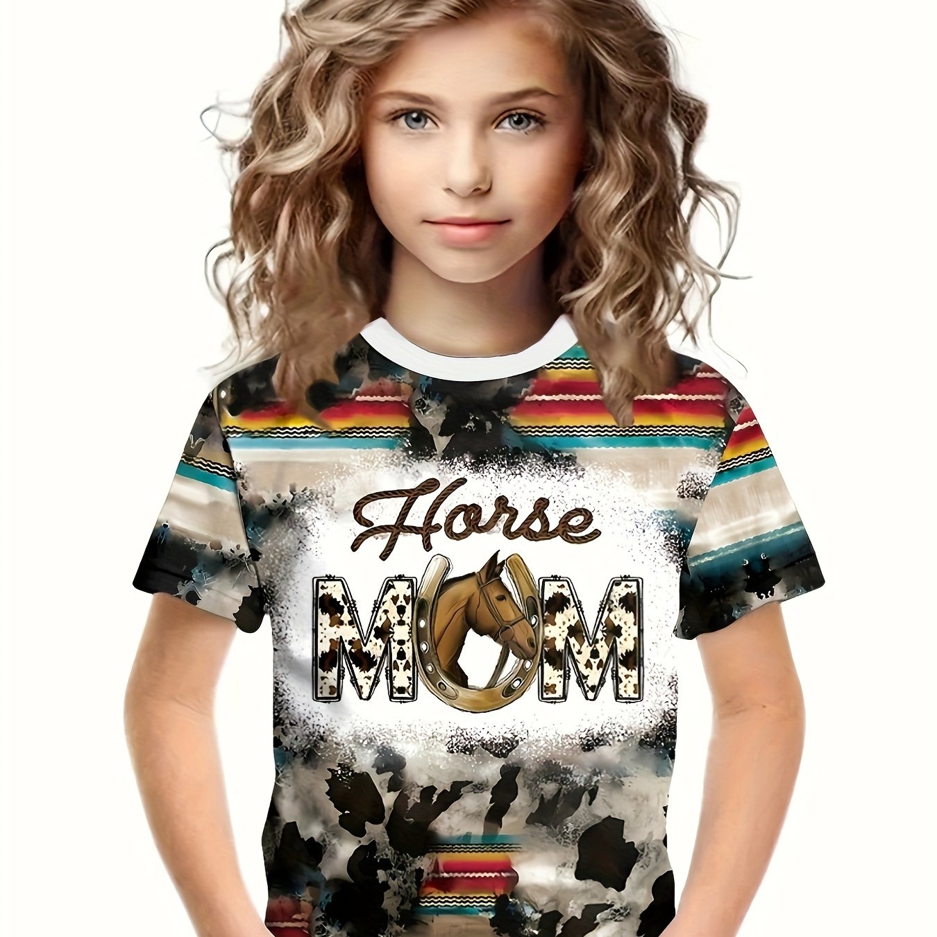 Western Style HORSE MOM Print Short Sleeve T shirt Girls Comfy Pullover Tops