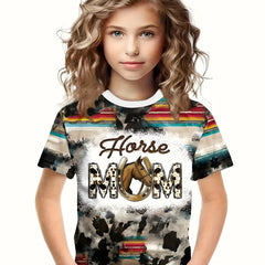 Western Style HORSE MOM Print Short Sleeve T shirt Girls Comfy Pullover Tops
