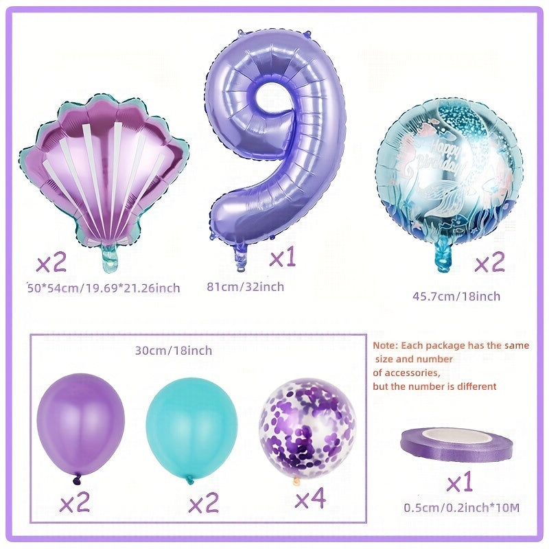 Mermaid Themed Birthday Party Balloon Set - Purple Shells & Numbers
