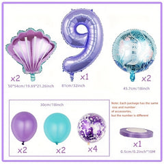 Mermaid Themed Birthday Party Balloon Set - Purple Shells & Numbers