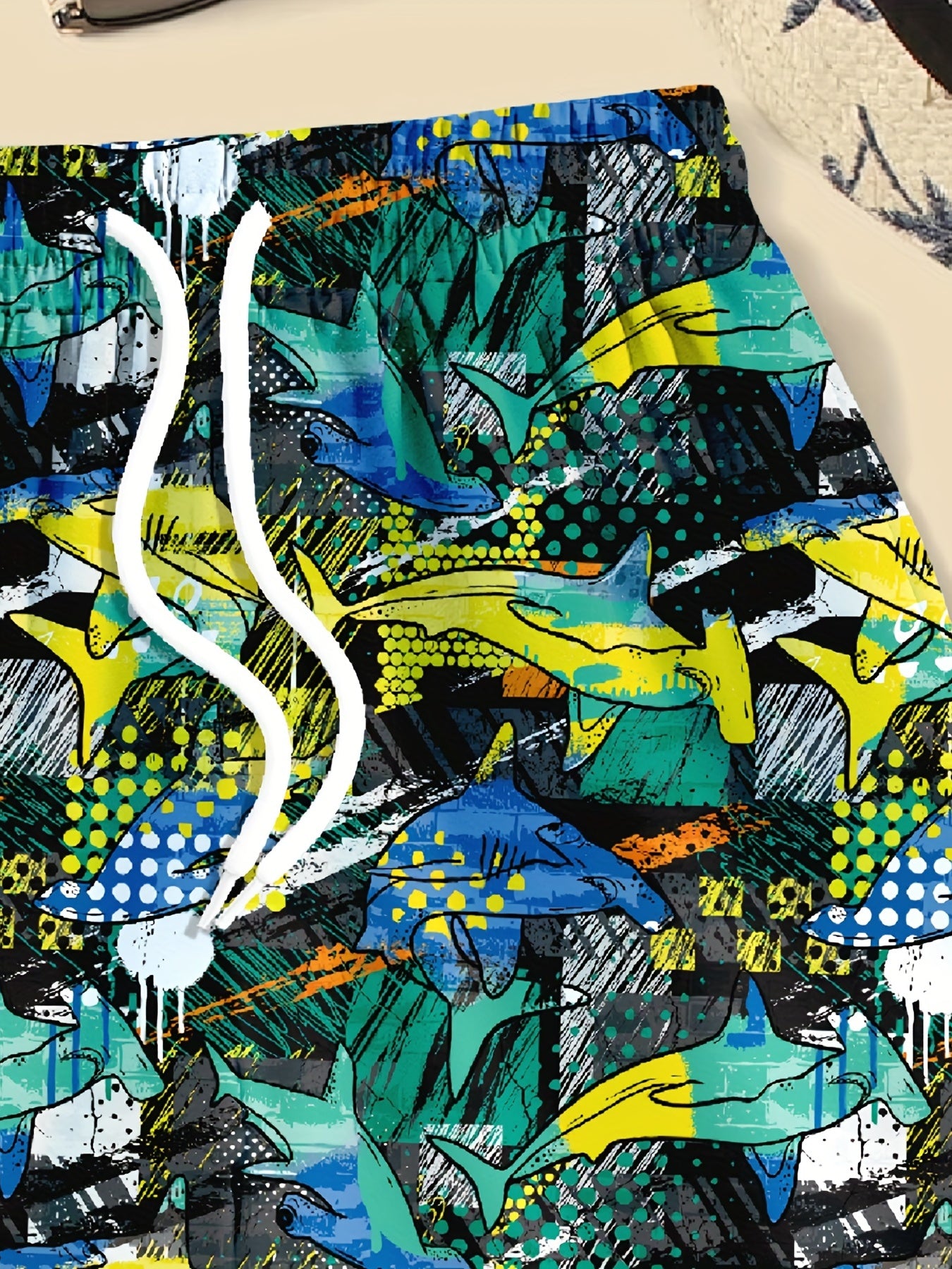 Shark Print Swim Trunks Elastic Waist Beach Shorts for Boys