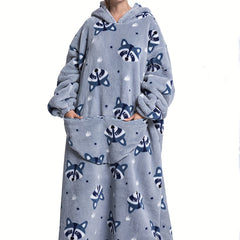 Women's Plus Size Raccoon Pattern Flannel Hoodie Nightgown