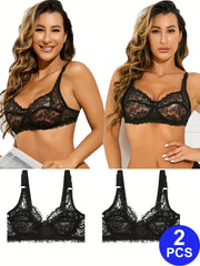 2pcs Floral Lace Unlined Push Up Bra Women's Lingerie
