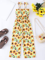 Girls Sunflower Print Cami Romper Jumpsuit Flare Leg Pants Overalls Kids Summer