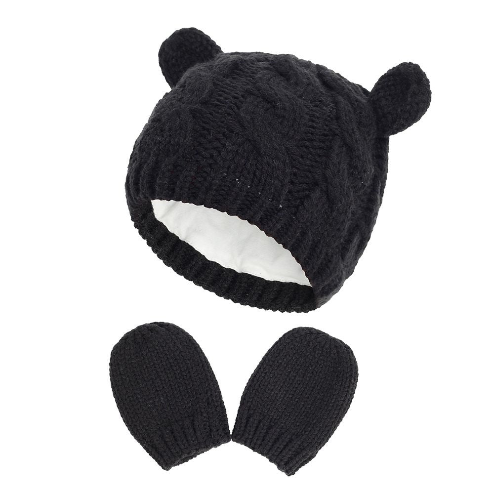 Newborn Baby Knit Hat And Mittens Set With Ear For Winter