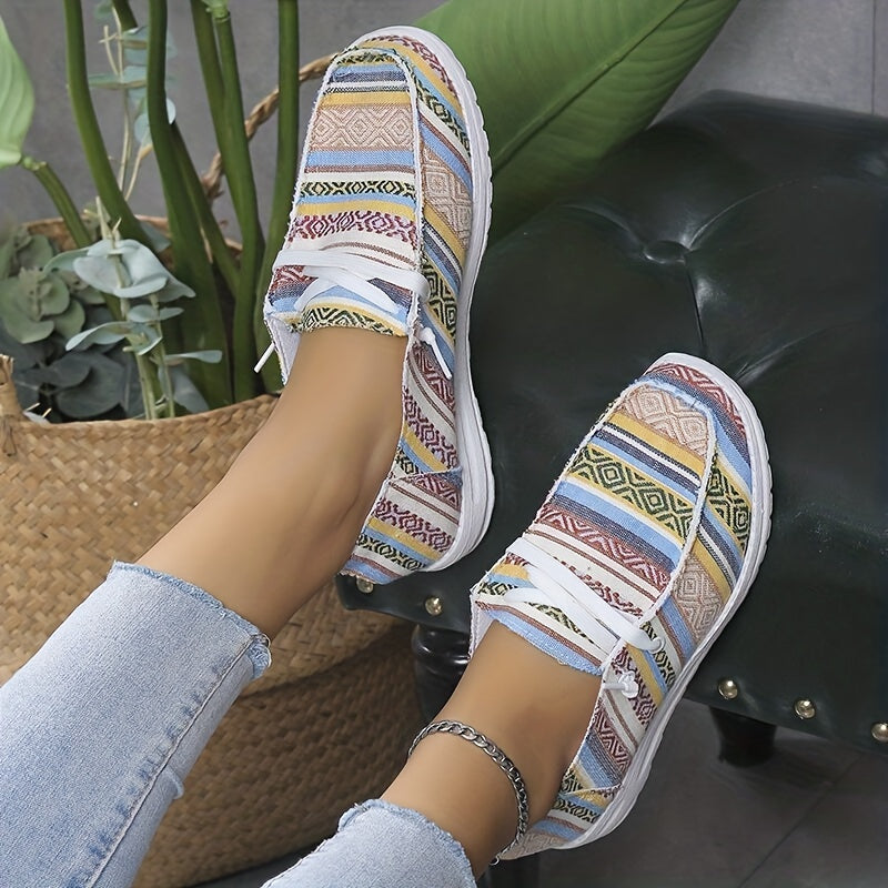 Striped Canvas Lace Up Sneakers Lightweight Comfy Daily Shoes