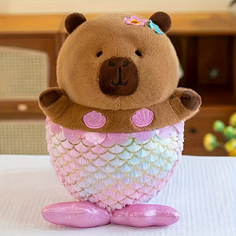 Pink Capybara Plush Toy Soft Fluffy Faux Fur Glitter Cartoon Animal Bow