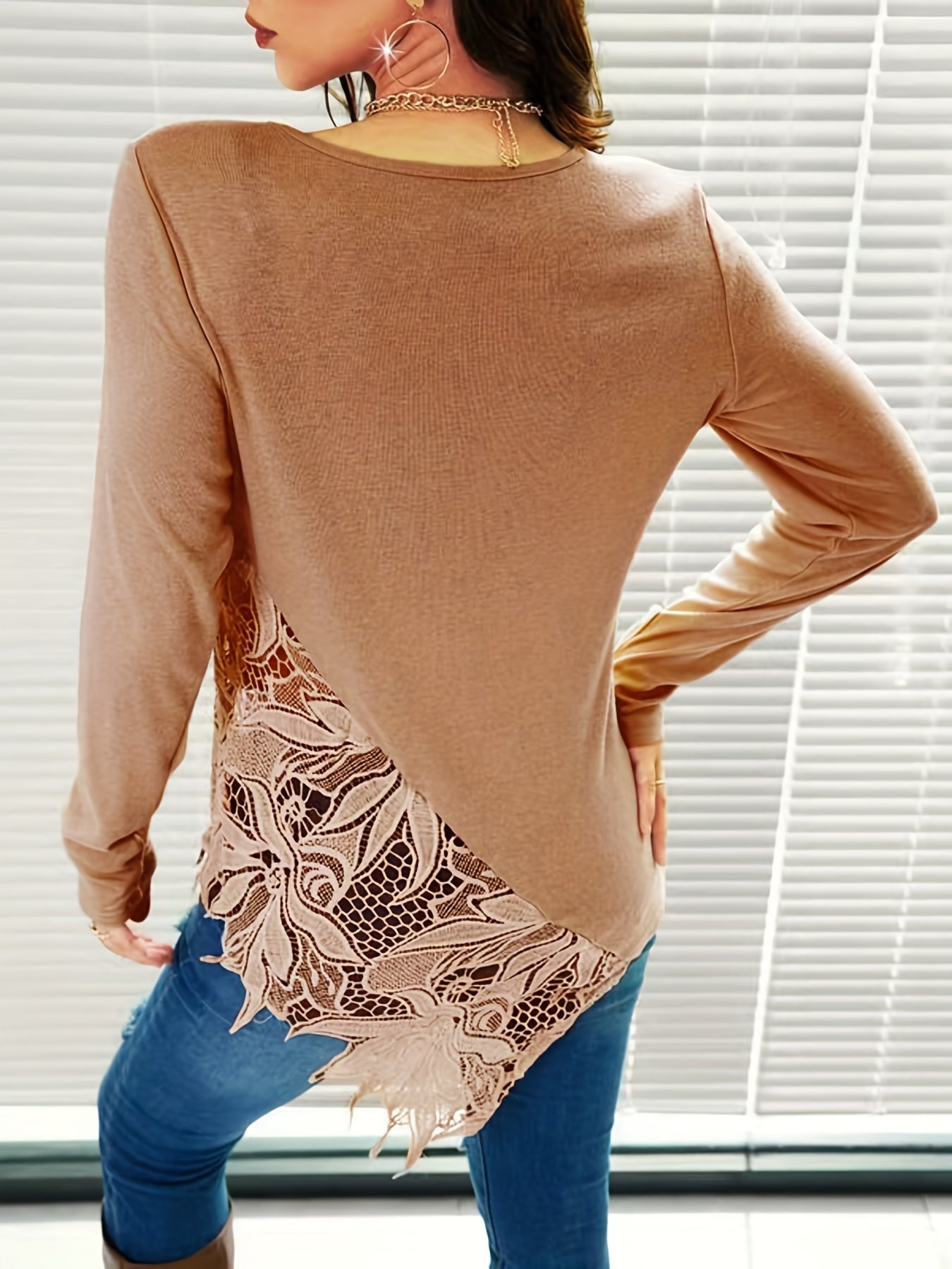 Knit Top Women's Plus Contrast Lace Long Sleeve Keyhole Top