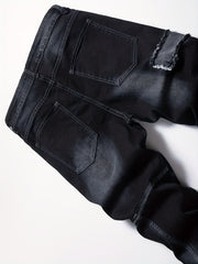 Men's Patchwork Biker Jeans Medium Stretch Denim Pants