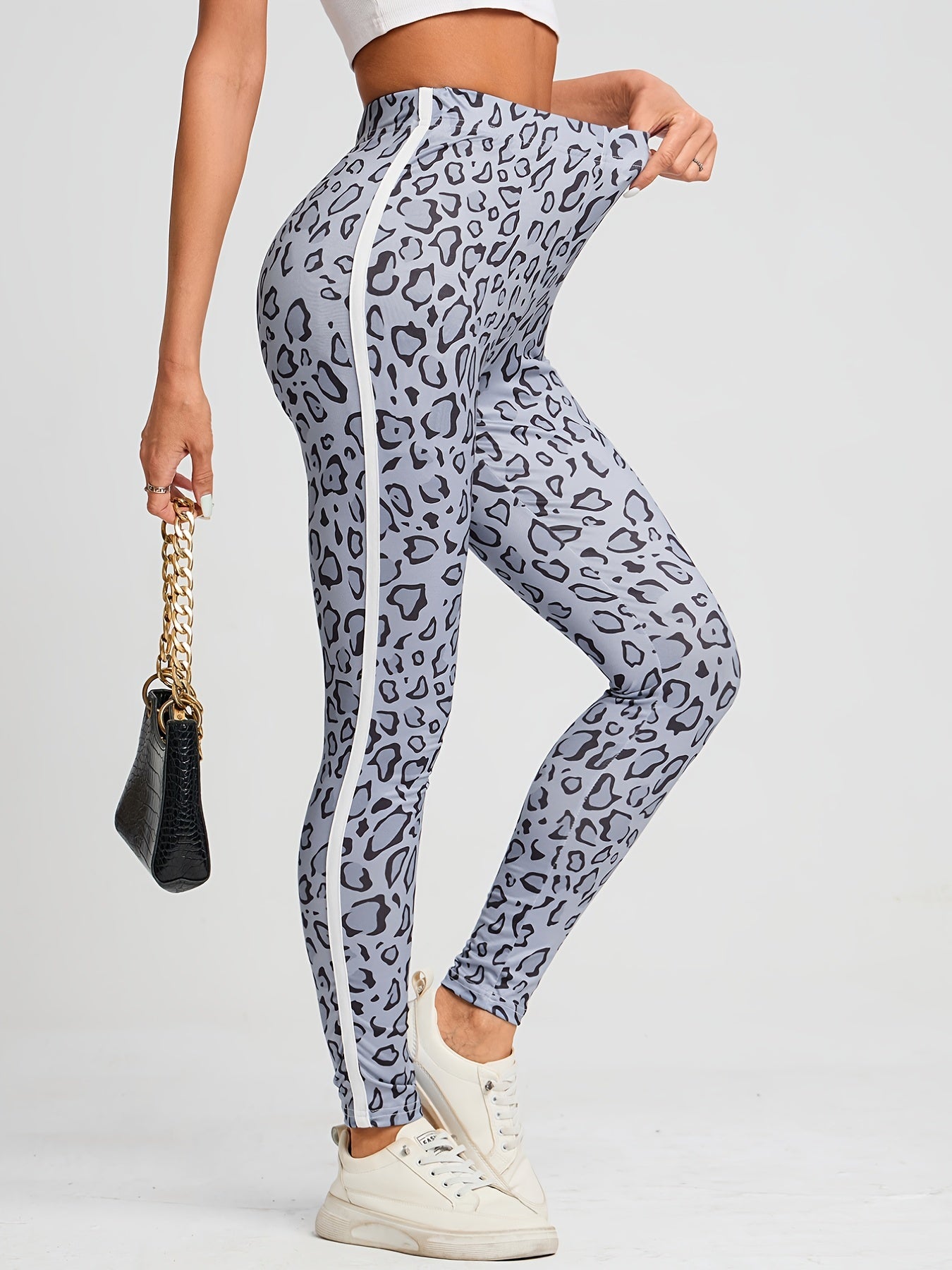 Leopard Print Side Contrast Leggings Skinny Leggings Women's Clothing