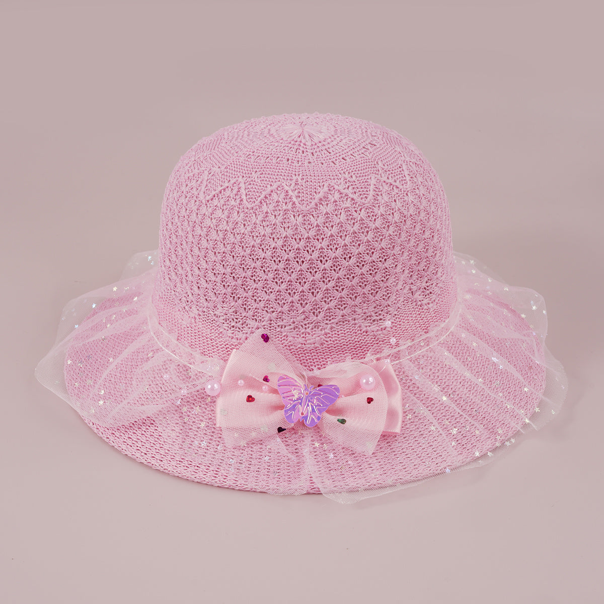Girls Faux Pearl Bow Lace Hat Straw Sun Protection Kids Accessories