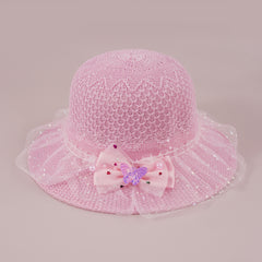 Girls Faux Pearl Bow Lace Hat Straw Sun Protection Kids Accessories