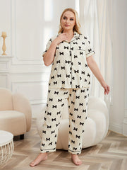 Bow Knot Print Pajama Set Short Sleeve Shirt & Pants