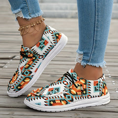 Women's Southwest Pattern Boat Shoes Lightweight Round Toe Lace Up Flat Shoes