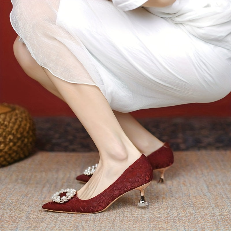 Faux Pearl Kitten Heels Bridesmaid Pumps Wedding Shoes