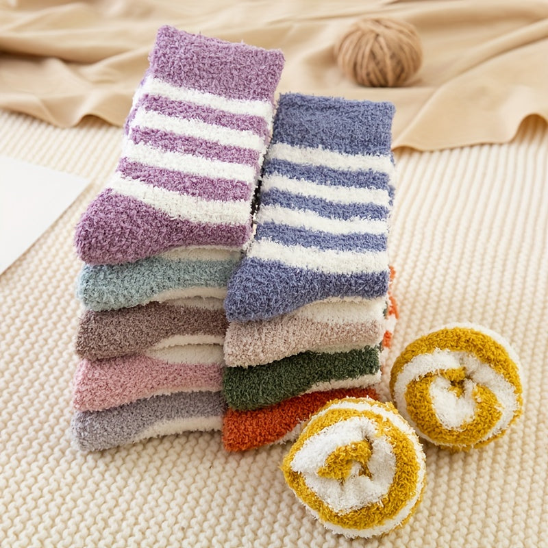 5 Pairs Striped Fuzzy Socks Comfy & Warm Mid Tube Women's Stockings