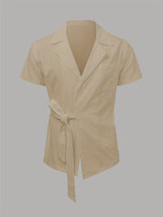 Men's Casual Cotton Shirt Lace Up Lapel Short Sleeve for Summer