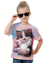 3D Sweet Cat Graphic Short Sleeve T-shirt for Kids