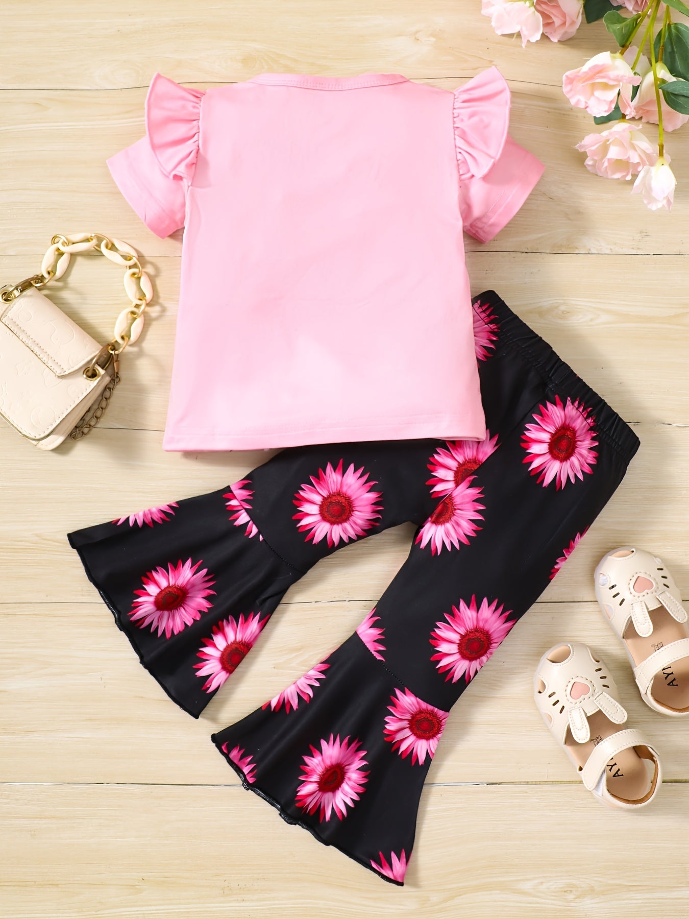Girls Pink Sunflower Print Ruffles T-Shirt & Flare Leg Pants Set