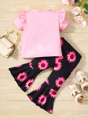 Girls Pink Sunflower Print Ruffles T-Shirt & Flare Leg Pants Set