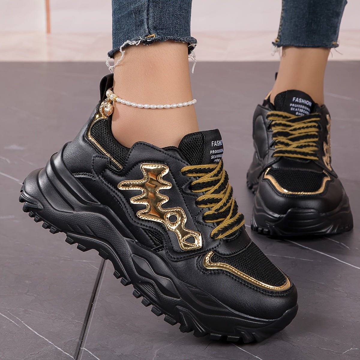 Faux Leather Chunky Sneakers Versatile Running Shoes