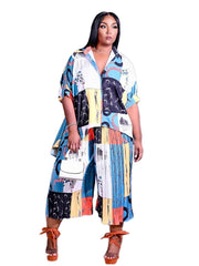 Random Print Shirt & Wide Leg Pants Set Women's Plus Street Styl