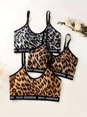 3 Pcs Leopard Print Wireless Bra Stretch Push Up Everyday Lingerie