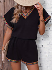 Ethnic Casual Two piece Set V Neck Short Sleeve Tee & Wide Leg Shorts