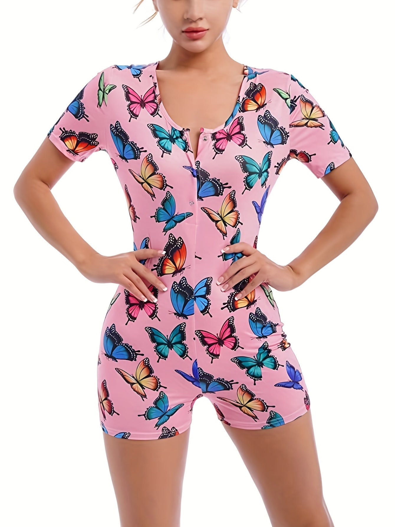 Butterfly Pattern Lounge Romper Sexy Short Sleeve Buttons Romper