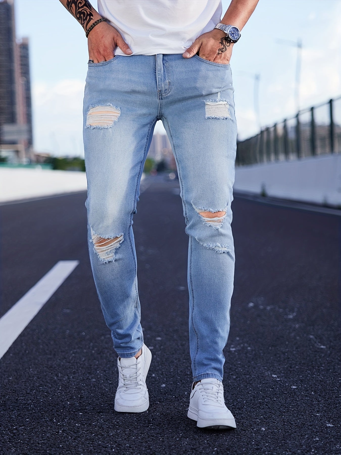 Slim Fit Ripped Cotton Jeans Men Casual Street Style Distressed Mid Stretch