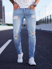 Slim Fit Ripped Cotton Jeans Men Casual Street Style Distressed Mid Stretch