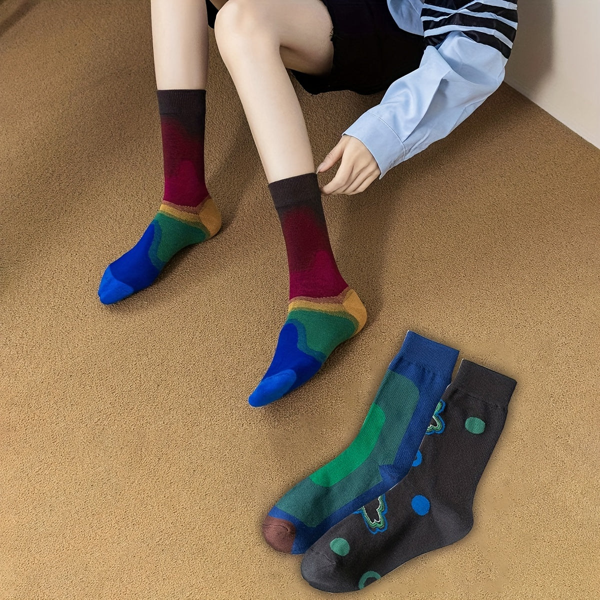 Colorblock Crew Socks Funny Print Mid Tube Stockings