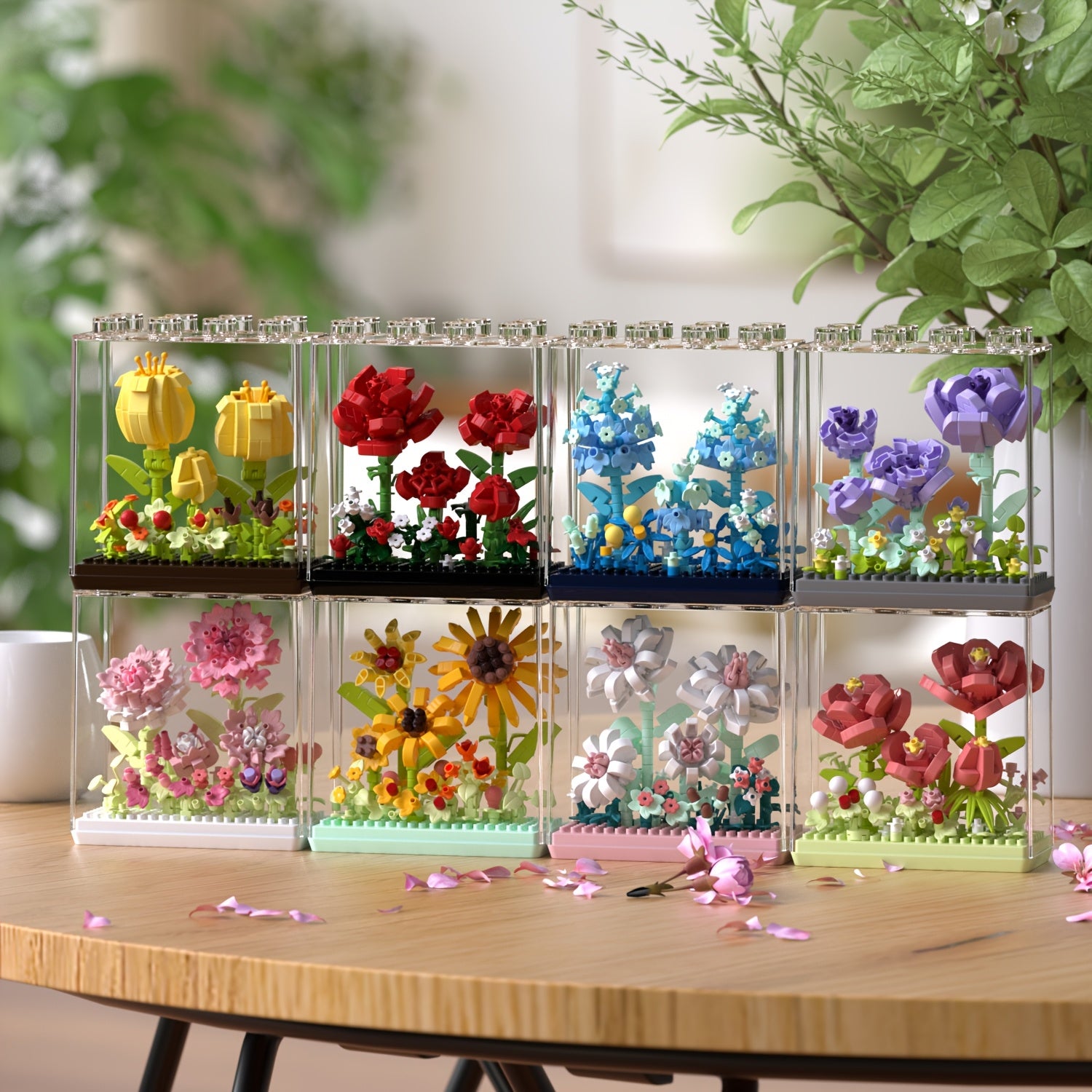 Stackable Dustproof Box with Floral Rose Micro Particle Building Blocks