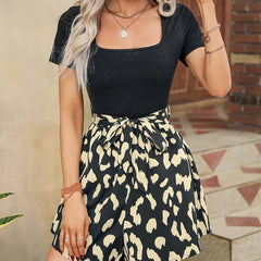 Leopard Square Neck Belted Jumpsuit Short Sleeve Jumpsuit