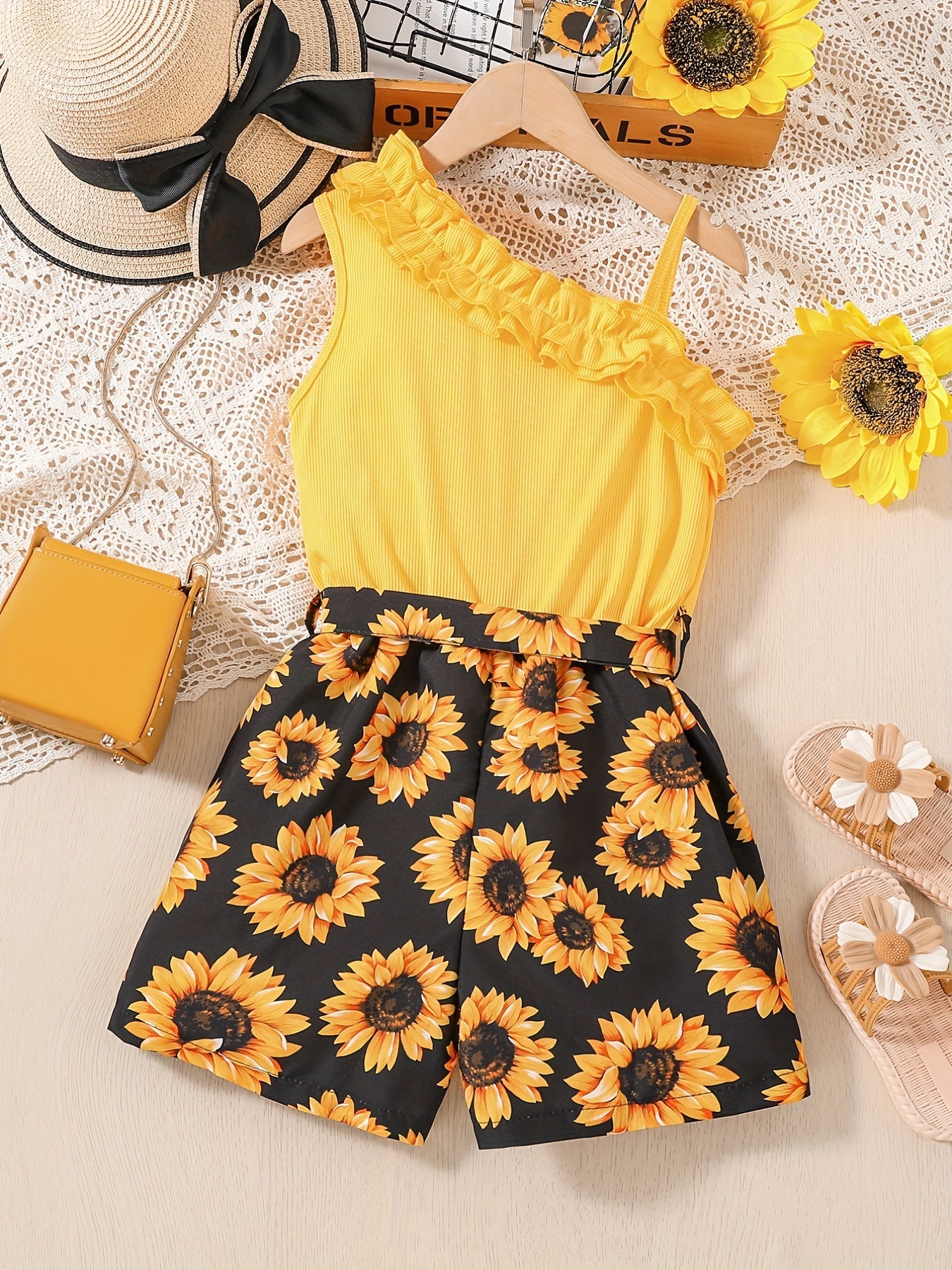 Girls Sunflower Pattern Ribbed Cami Romper Jumpsuit