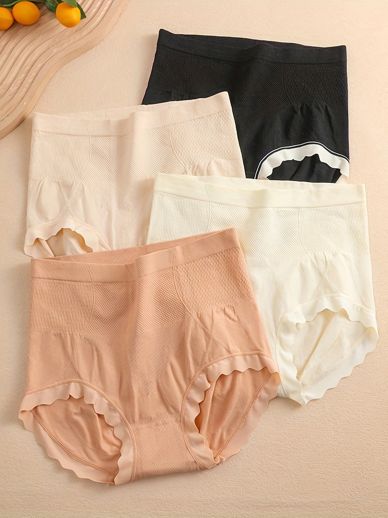 4pcs High Waist Scallop Trim Briefs Stretchy Intimates Panties