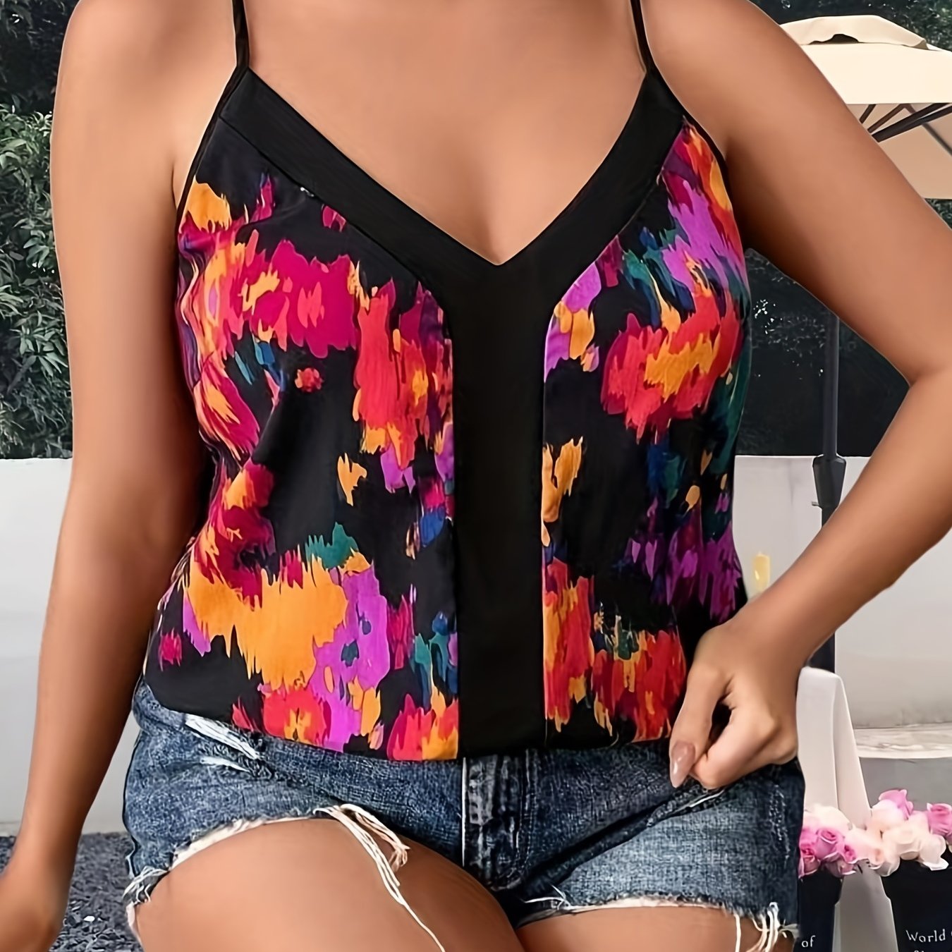 Colorblock Print V Neck Cami Top